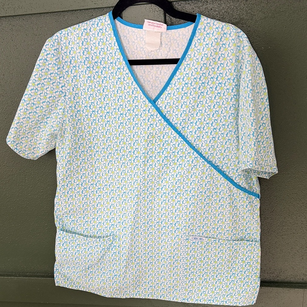 Cherokee Blue and White Floral Scrub Top